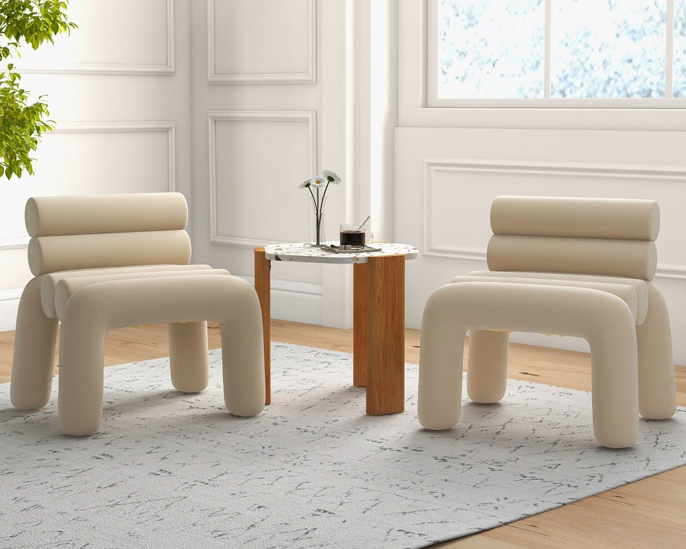 HMR Modern Velvet Accent Chair Upholstery Horizontal Channeled for Living Room - Beige