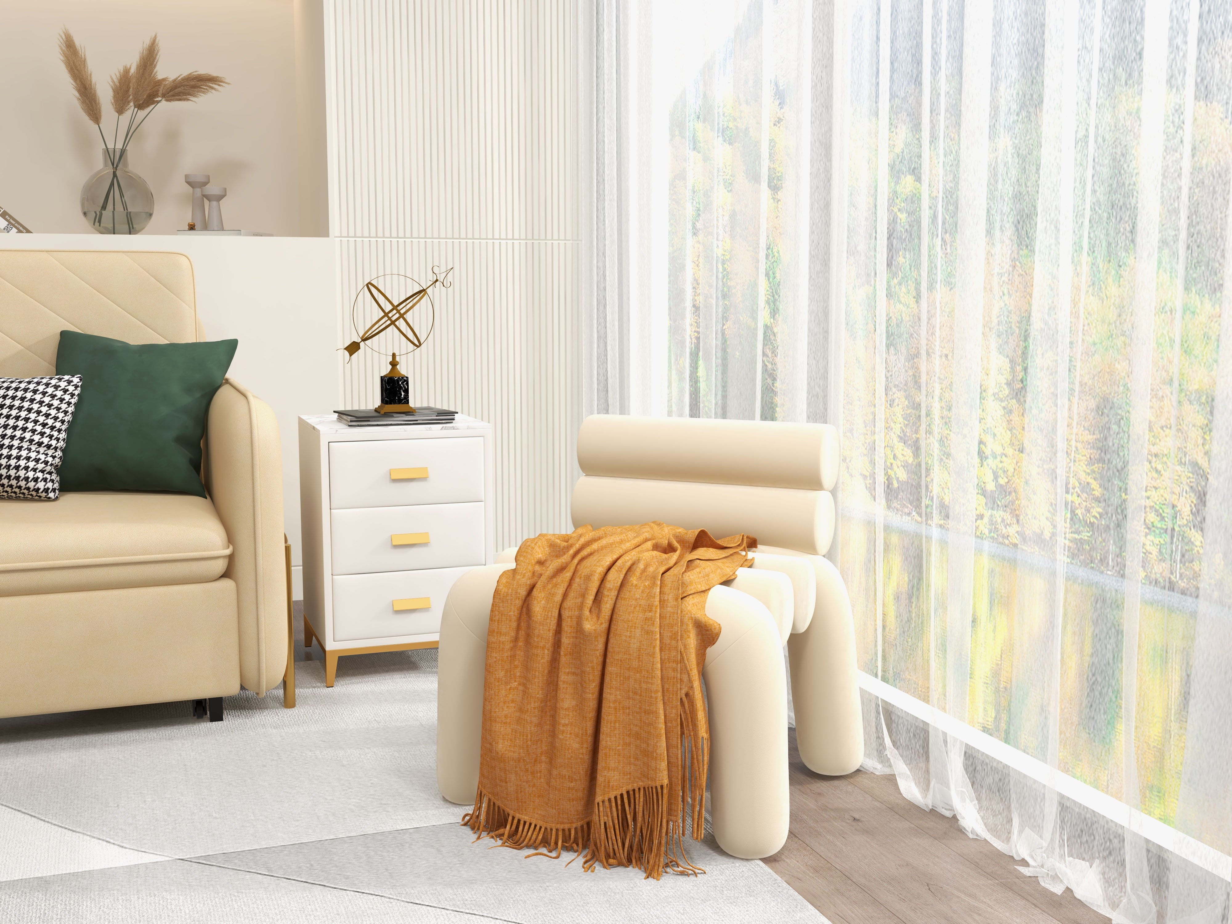HMR Modern Velvet Accent Chair Upholstery Horizontal Channeled for Living Room - Beige