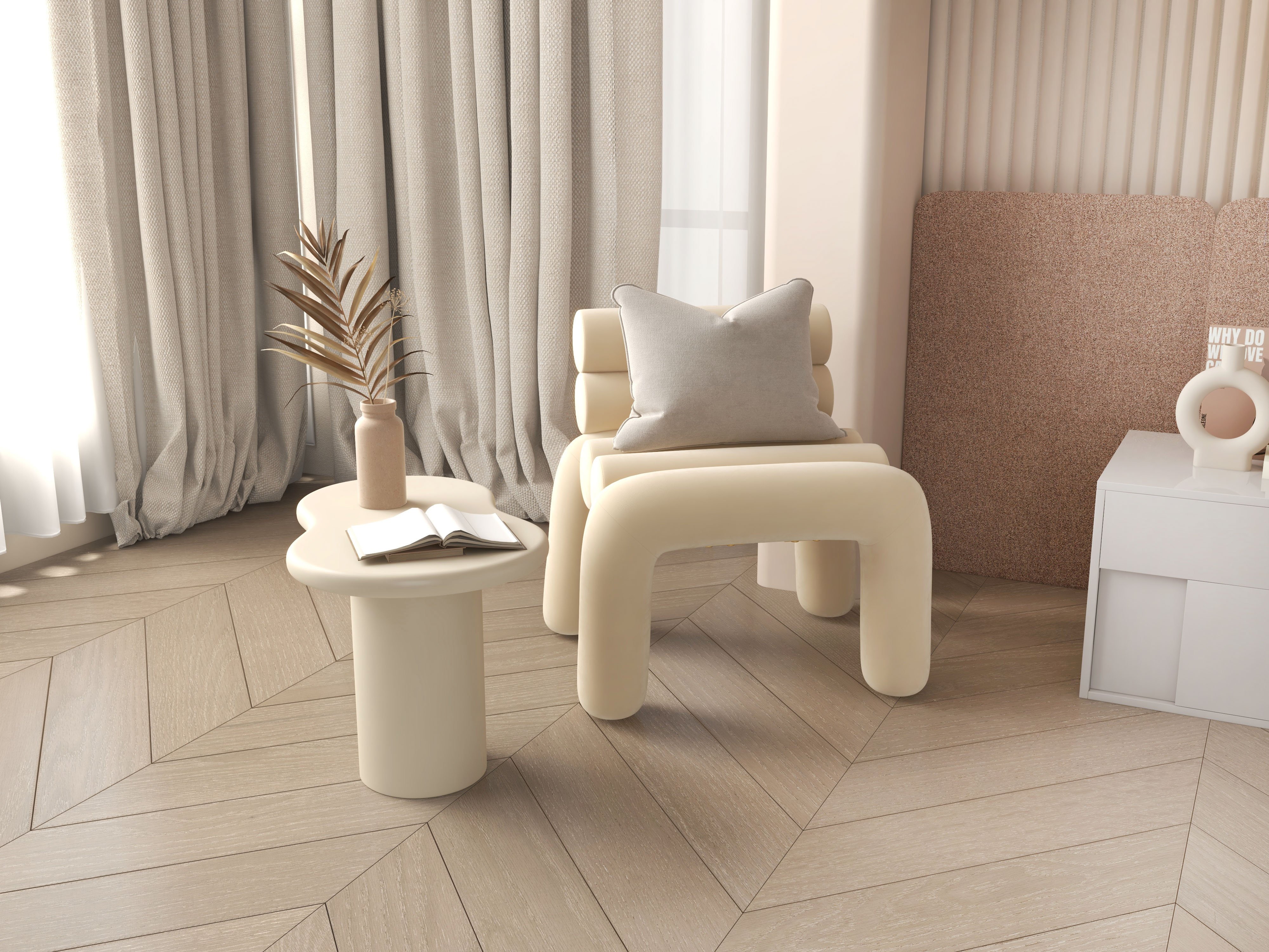 HMR Modern Velvet Accent Chair Upholstery Horizontal Channeled for Living Room - Beige