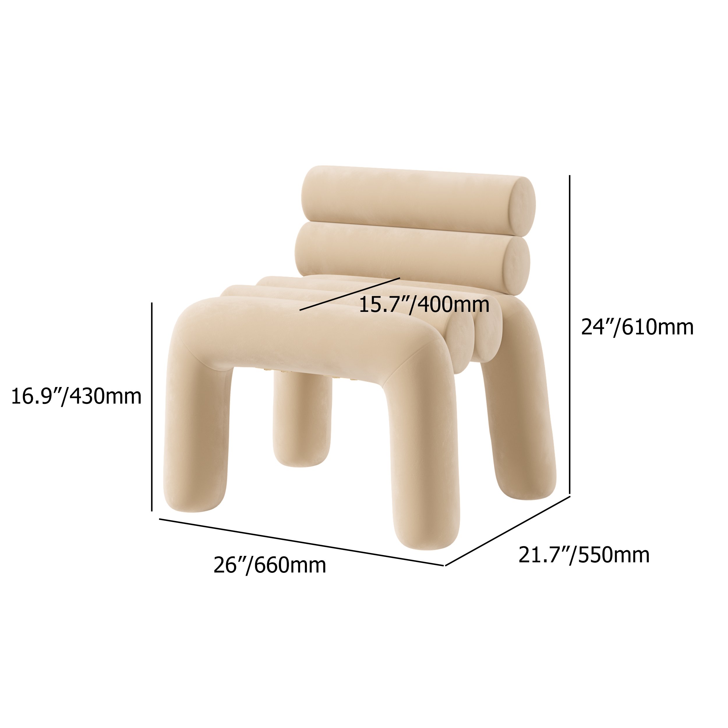 HMR Modern Velvet Accent Chair Upholstery Horizontal Channeled for Living Room - Beige