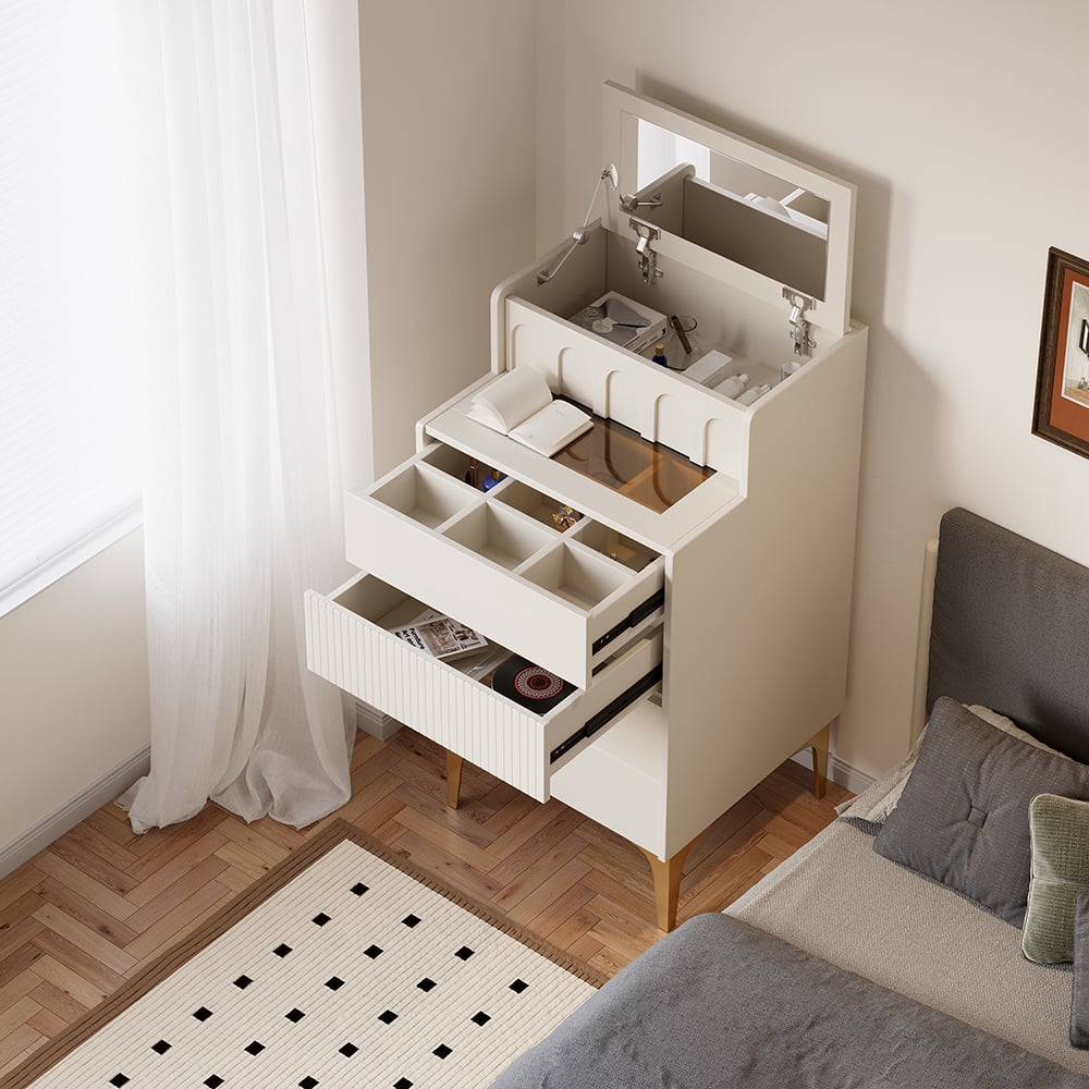 HMR - Modern Mini White Makeup Vanity Set Dressing Table with Mirror & Stool