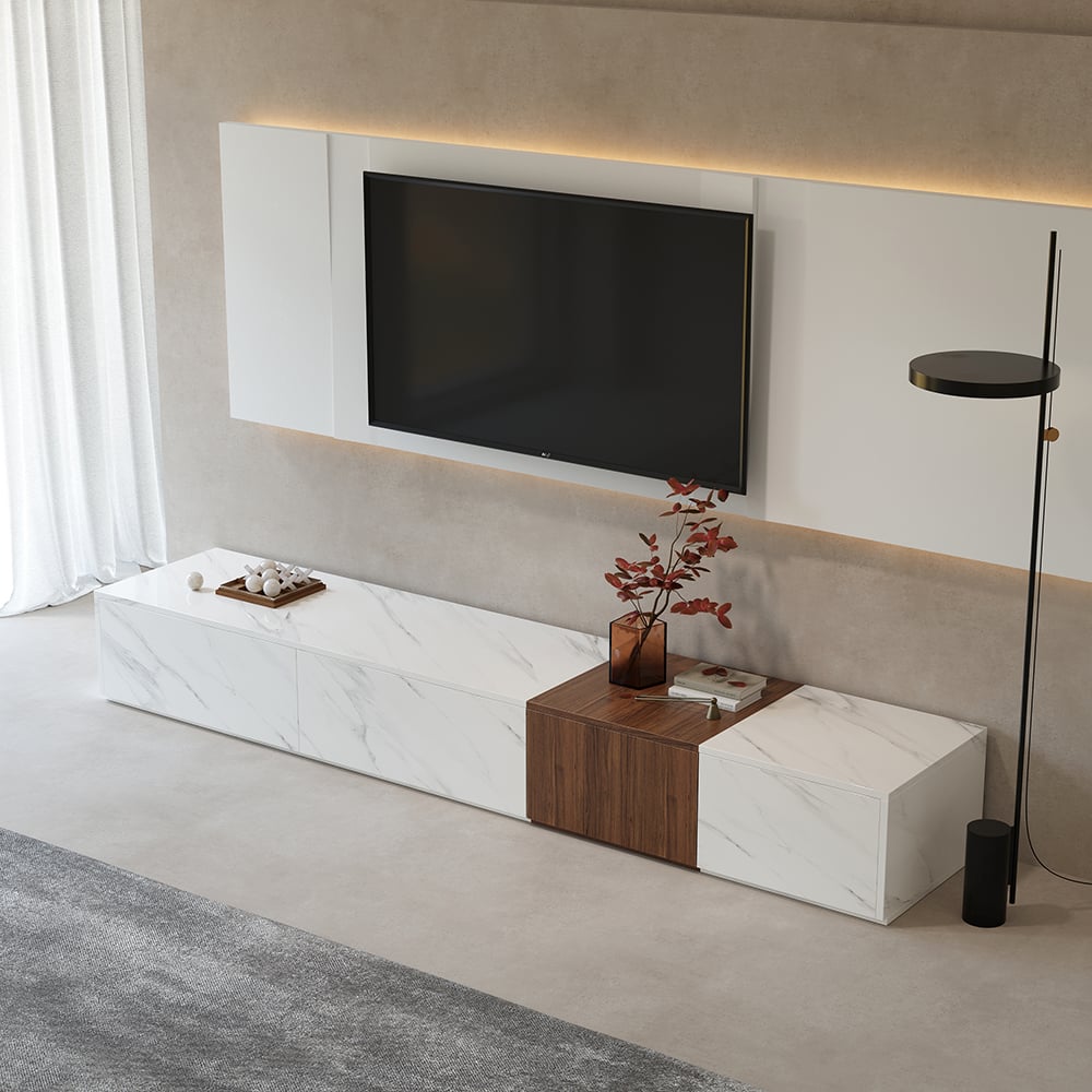 HMR - Vewal 78.9" Modern Wood Block TV Stand Marble & Walnut Veneer in White with 4 Drawers