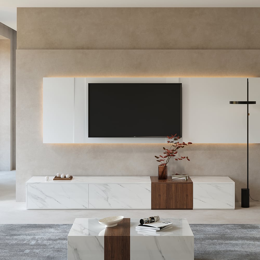 HMR - Vewal 78.9" Modern Wood Block TV Stand Marble & Walnut Veneer in White with 4 Drawers