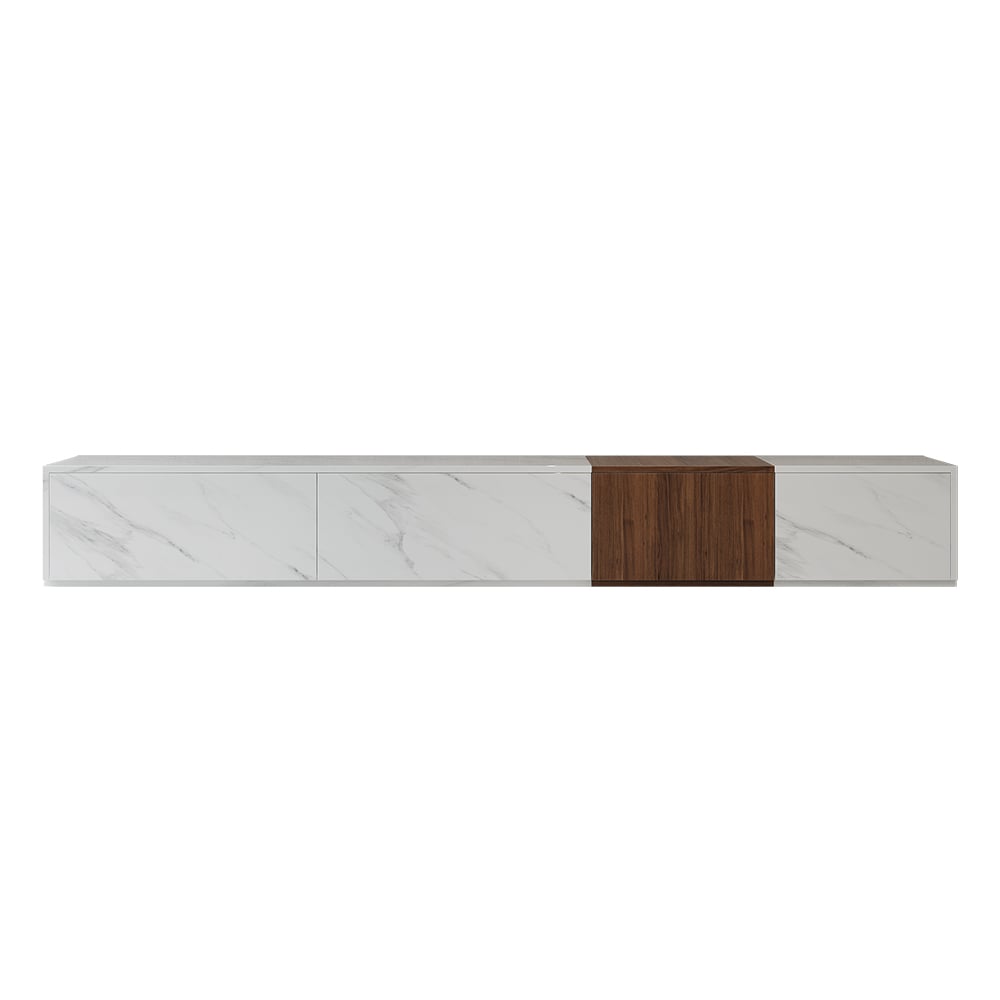 HMR - Vewal 78.9" Modern Wood Block TV Stand Marble & Walnut Veneer in White with 4 Drawers