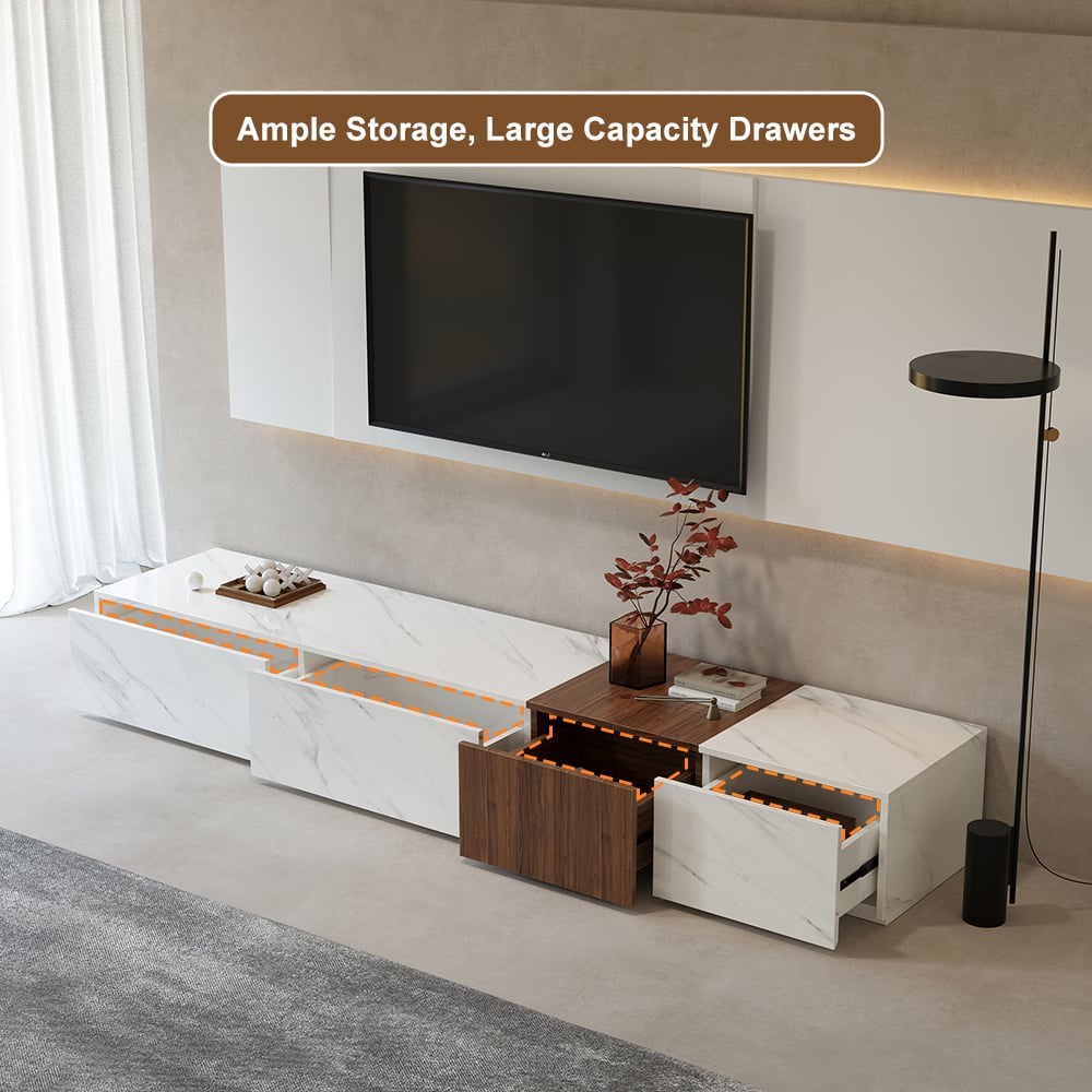 HMR - Vewal 78.9" Modern Wood Block TV Stand Marble & Walnut Veneer in White with 4 Drawers