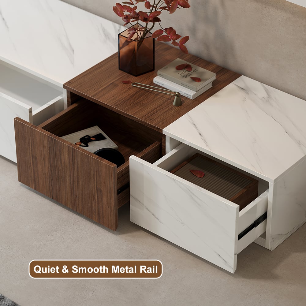 HMR - Vewal 78.9" Modern Wood Block TV Stand Marble & Walnut Veneer in White with 4 Drawers