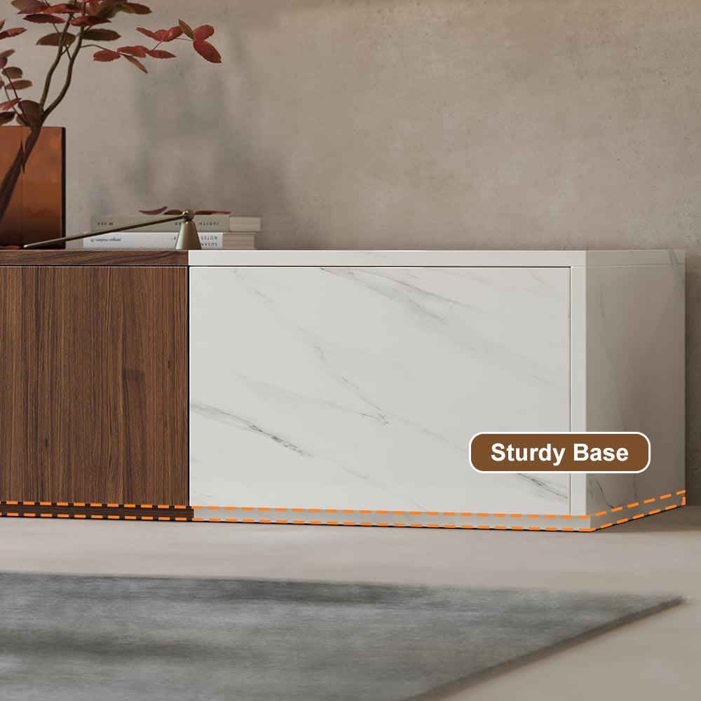 HMR - Vewal 78.9" Modern Wood Block TV Stand Marble & Walnut Veneer in White with 4 Drawers