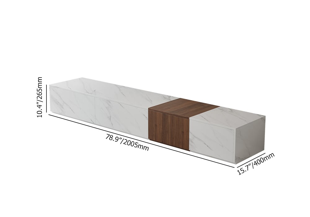 HMR - Vewal 78.9" Modern Wood Block TV Stand Marble & Walnut Veneer in White with 4 Drawers