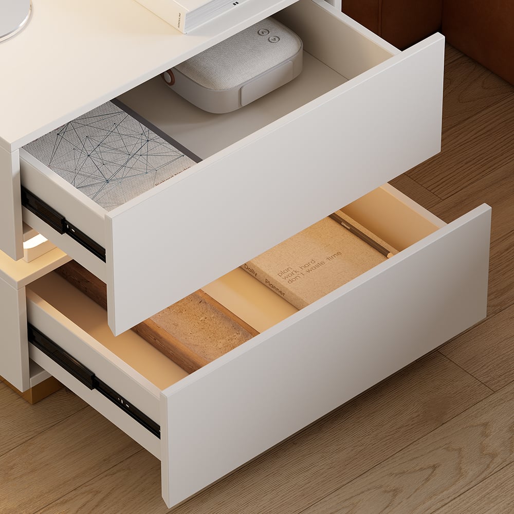 HMR Nightstand with Light & Charging Station - White, 2 Drawers, Set Of 2
