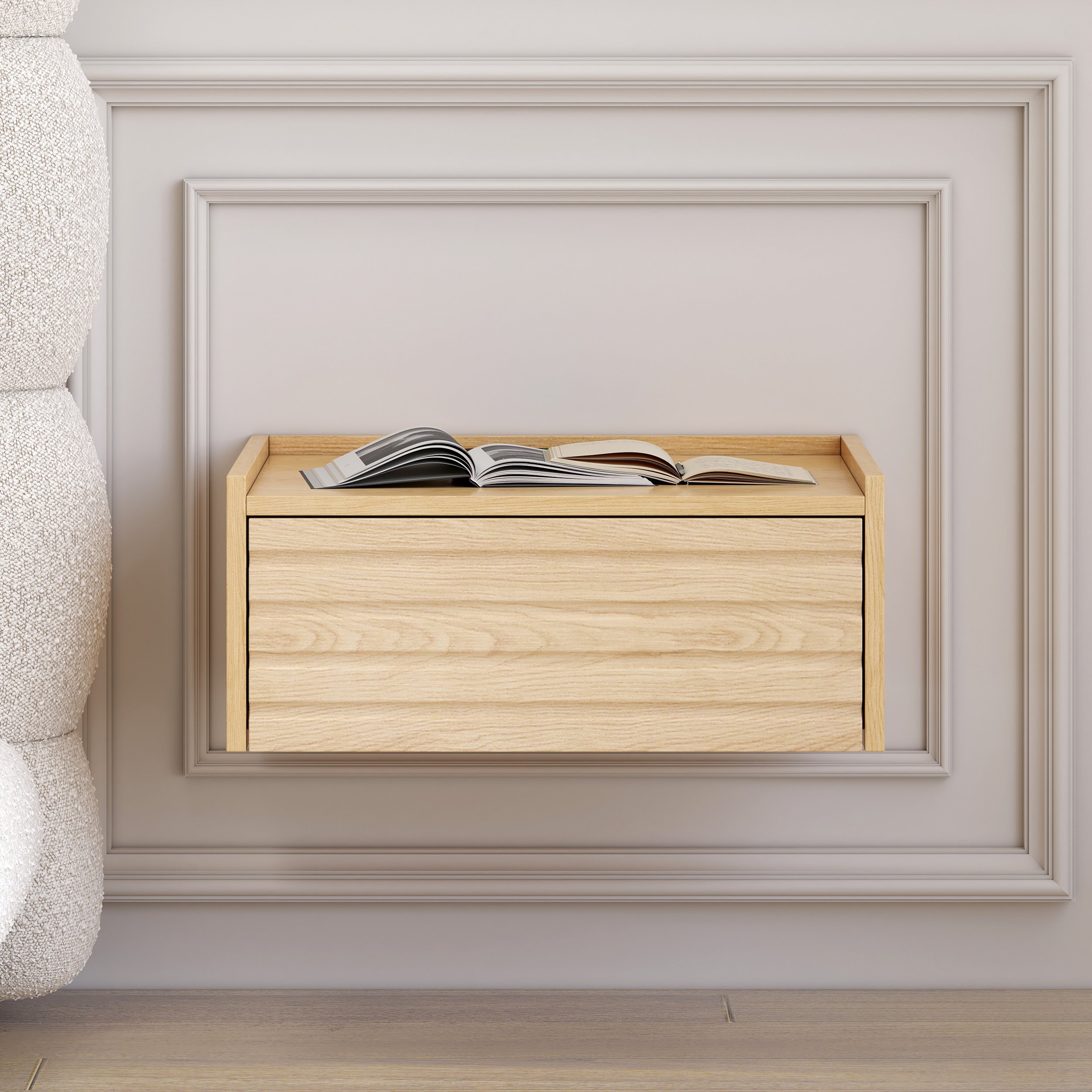 HMR Floating Wooden Nightstand with Light & Charging Station - Natural, Set Of 2