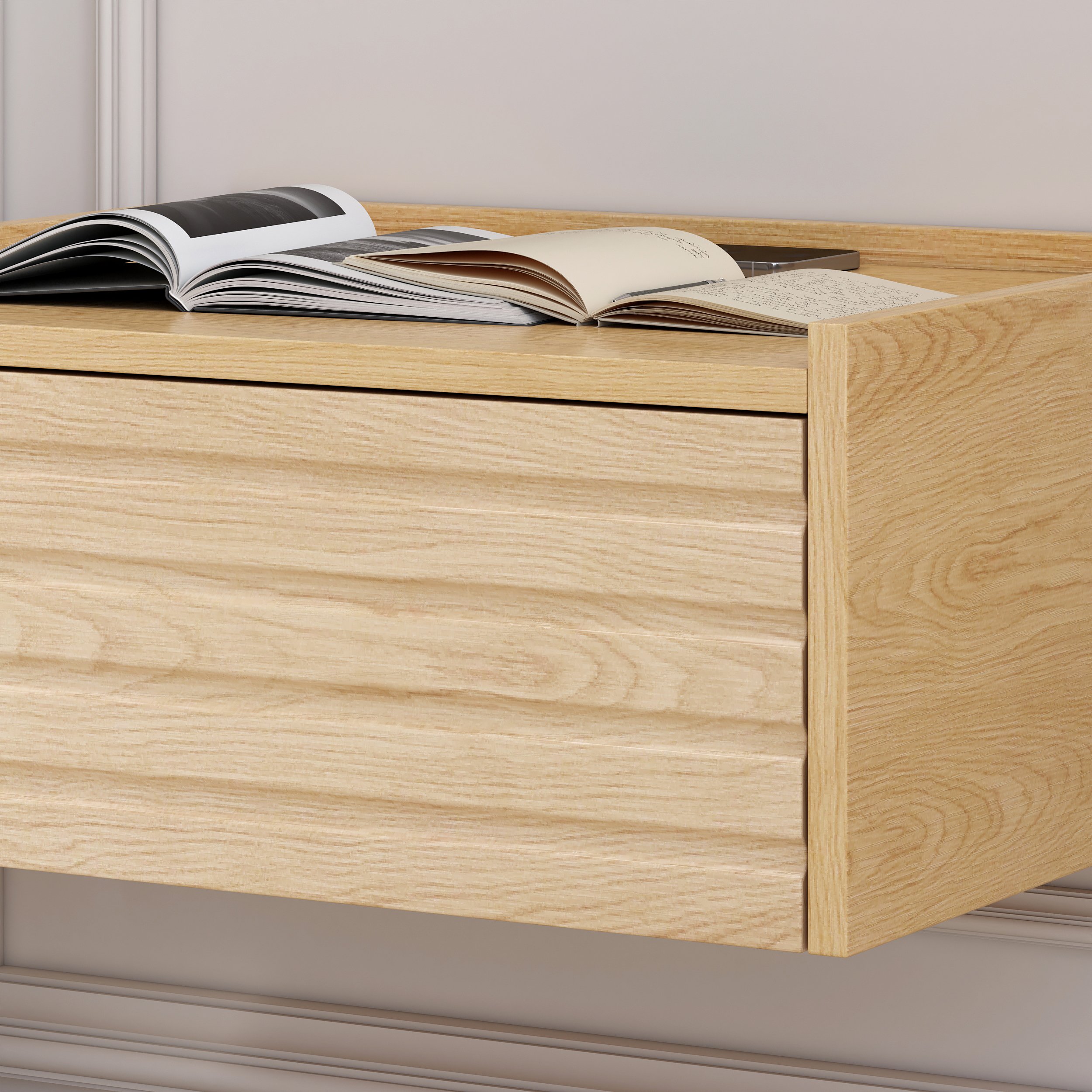 HMR Floating Wooden Nightstand with Light & Charging Station - Natural, Set Of 2