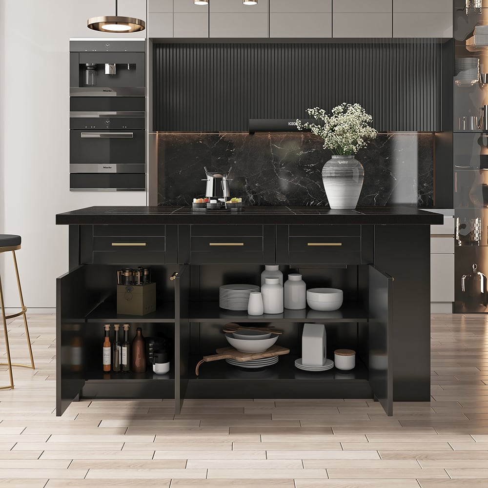 HMR 72" Modern Style Laminate Kitchen Islands with Multi-Storage - Black, Engineered Wood