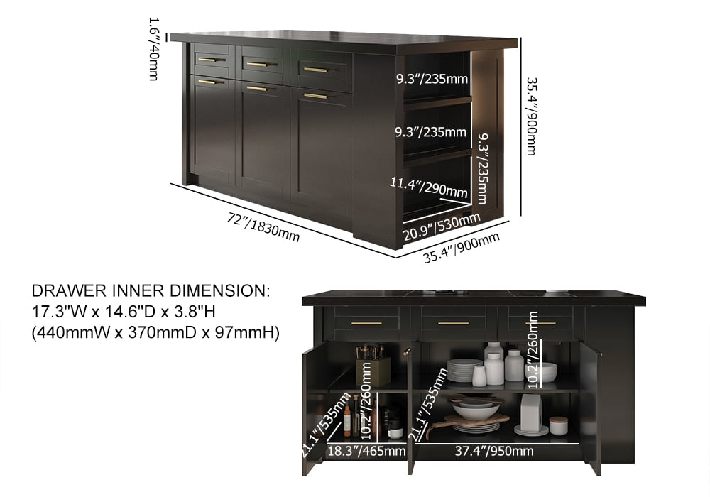 HMR 72" Modern Style Laminate Kitchen Islands with Multi-Storage - Black, Engineered Wood
