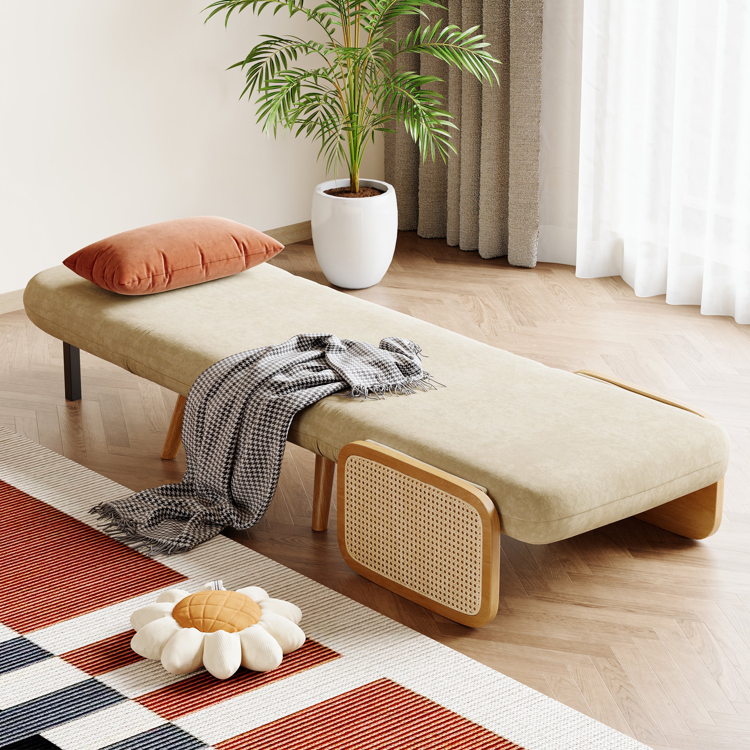 HMR - 28" Twin Linen & Rattan Sleeper Sofa Bed Chair