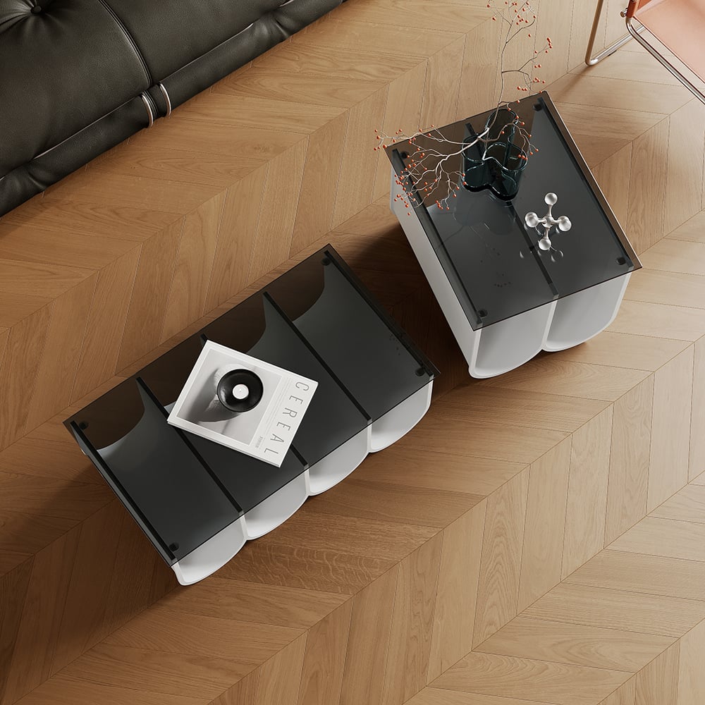 HMR - 2-Piece Square Coffee Table Set with Black Clear Glass Tabletop & White Metal Arch Base