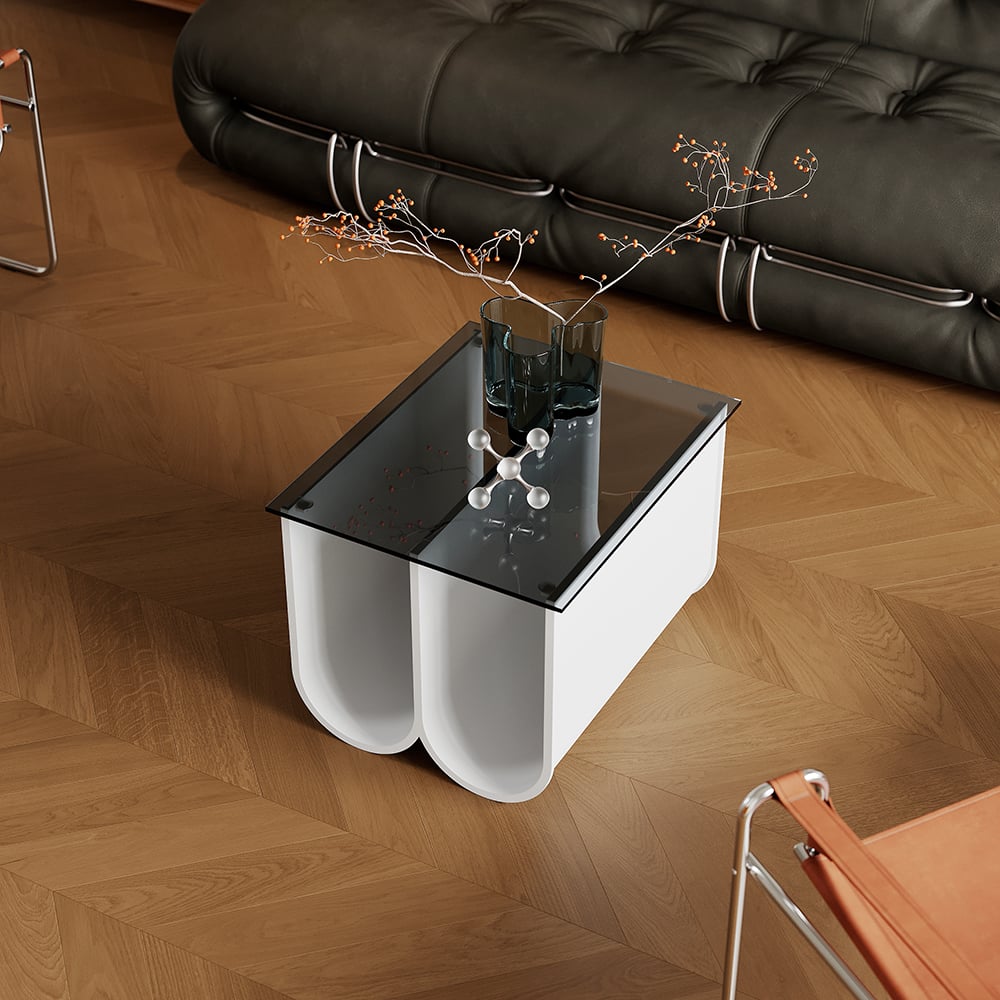 HMR - 2-Piece Square Coffee Table Set with Black Clear Glass Tabletop & White Metal Arch Base