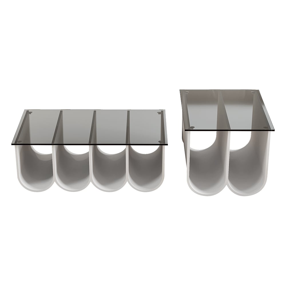 HMR - 2-Piece Square Coffee Table Set with Black Clear Glass Tabletop & White Metal Arch Base