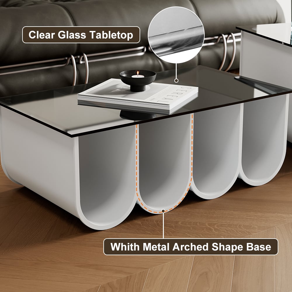 HMR - 2-Piece Square Coffee Table Set with Black Clear Glass Tabletop & White Metal Arch Base