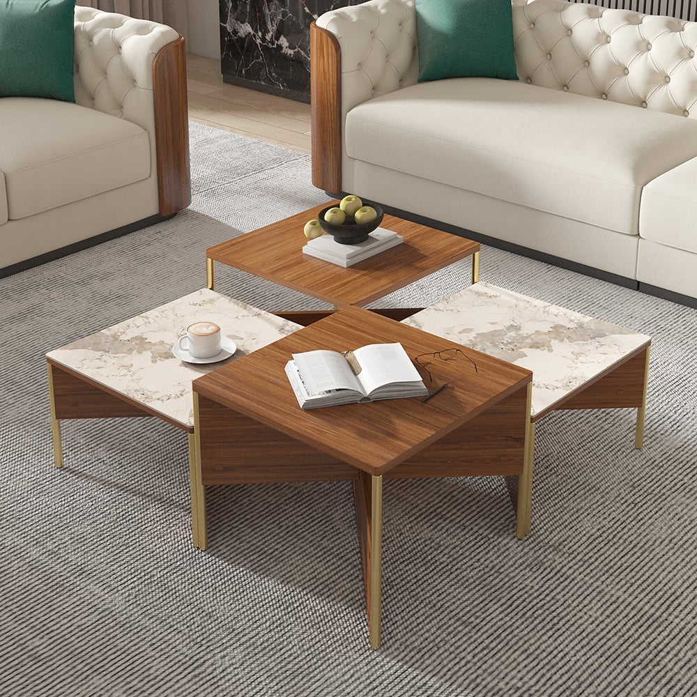 HMR - 39.4" Square Modern Sintered Stone Coffee Table Walnut Veneer Coffee Table in Gold Frame