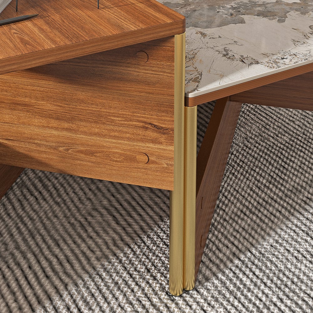 HMR - 39.4" Square Modern Sintered Stone Coffee Table Walnut Veneer Coffee Table in Gold Frame