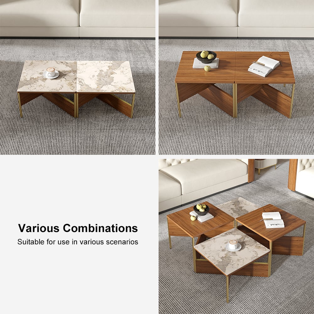 HMR - 39.4" Square Modern Sintered Stone Coffee Table Walnut Veneer Coffee Table in Gold Frame