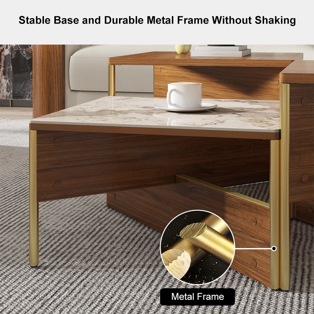 HMR - 39.4" Square Modern Sintered Stone Coffee Table Walnut Veneer Coffee Table in Gold Frame