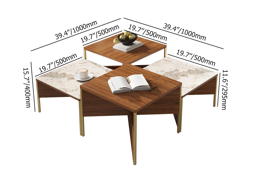 HMR - 39.4" Square Modern Sintered Stone Coffee Table Walnut Veneer Coffee Table in Gold Frame