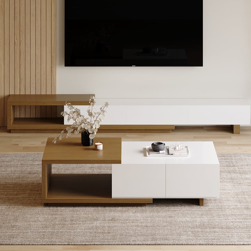 HMR L-Shaped Modular Sectional Sofa & Square Sintered Stone Block Coffee Table - White, Microfiber Leather, Style A