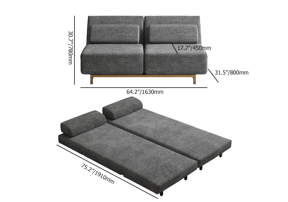 HMR 64" Queen 2-Seater Linen Convertible Futon Bed with Pillows - Gray