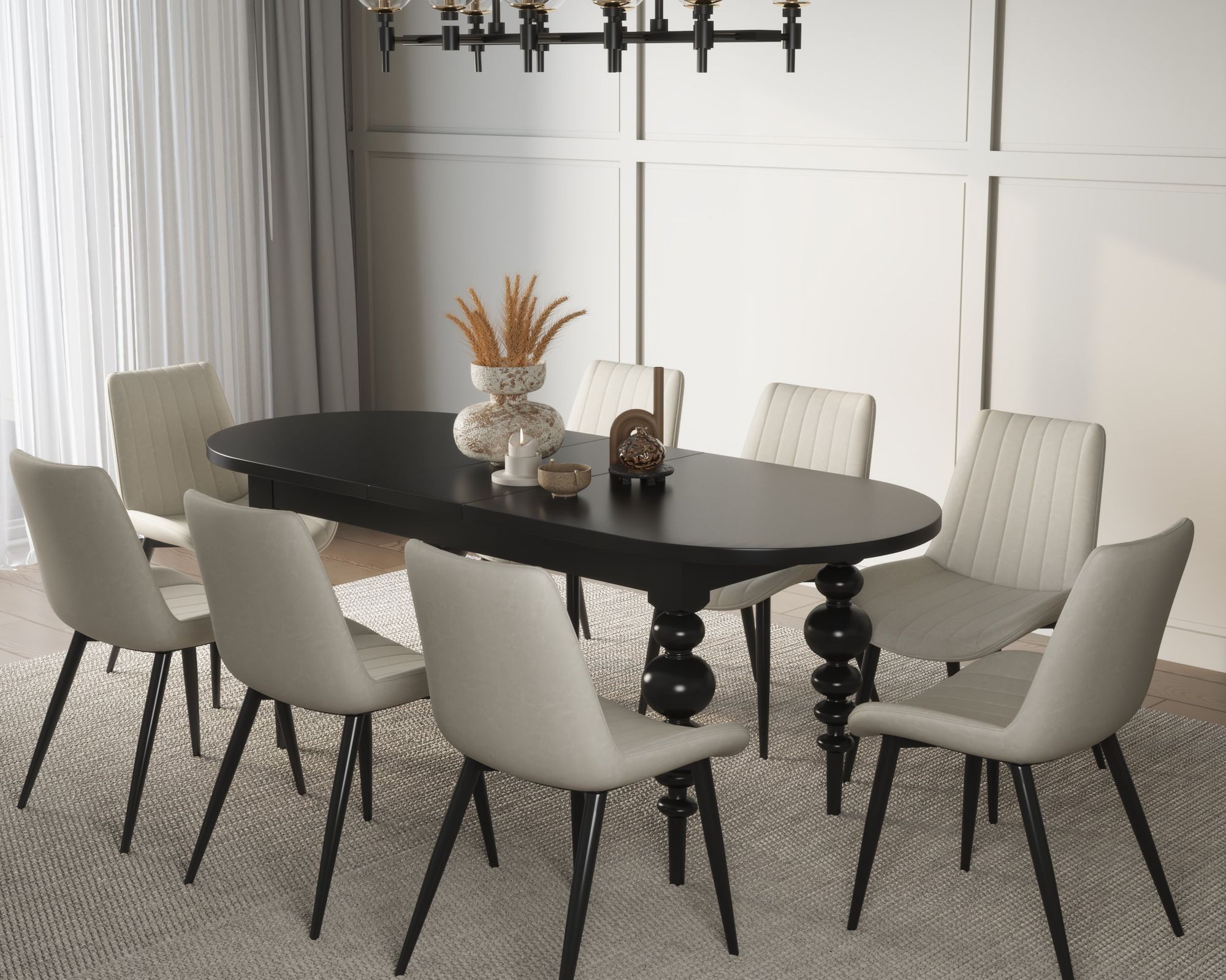 HMR Dining Set 67"-79" Extendable Dining Table - Black, Style C, With 8 Chairs