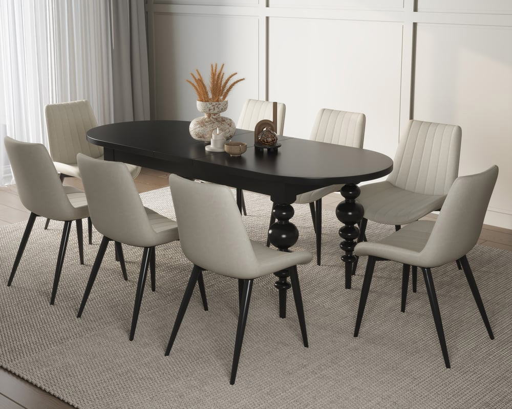 HMR Dining Set 67"-79" Extendable Dining Table - Black, Style C, With 8 Chairs