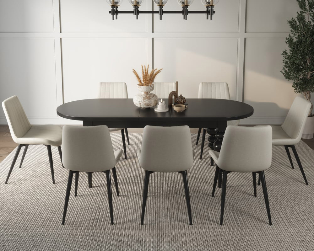 HMR Dining Set 67"-79" Extendable Dining Table - Black, Style C, With 8 Chairs