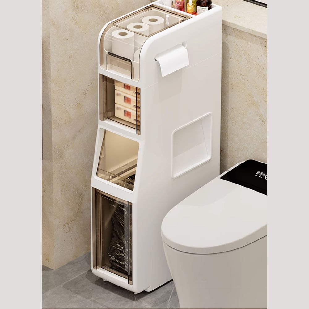 HMR - Freestanding Slim Storage Cabinet Bathroom Narrow with Toilet Paper Holder & Trash Can
