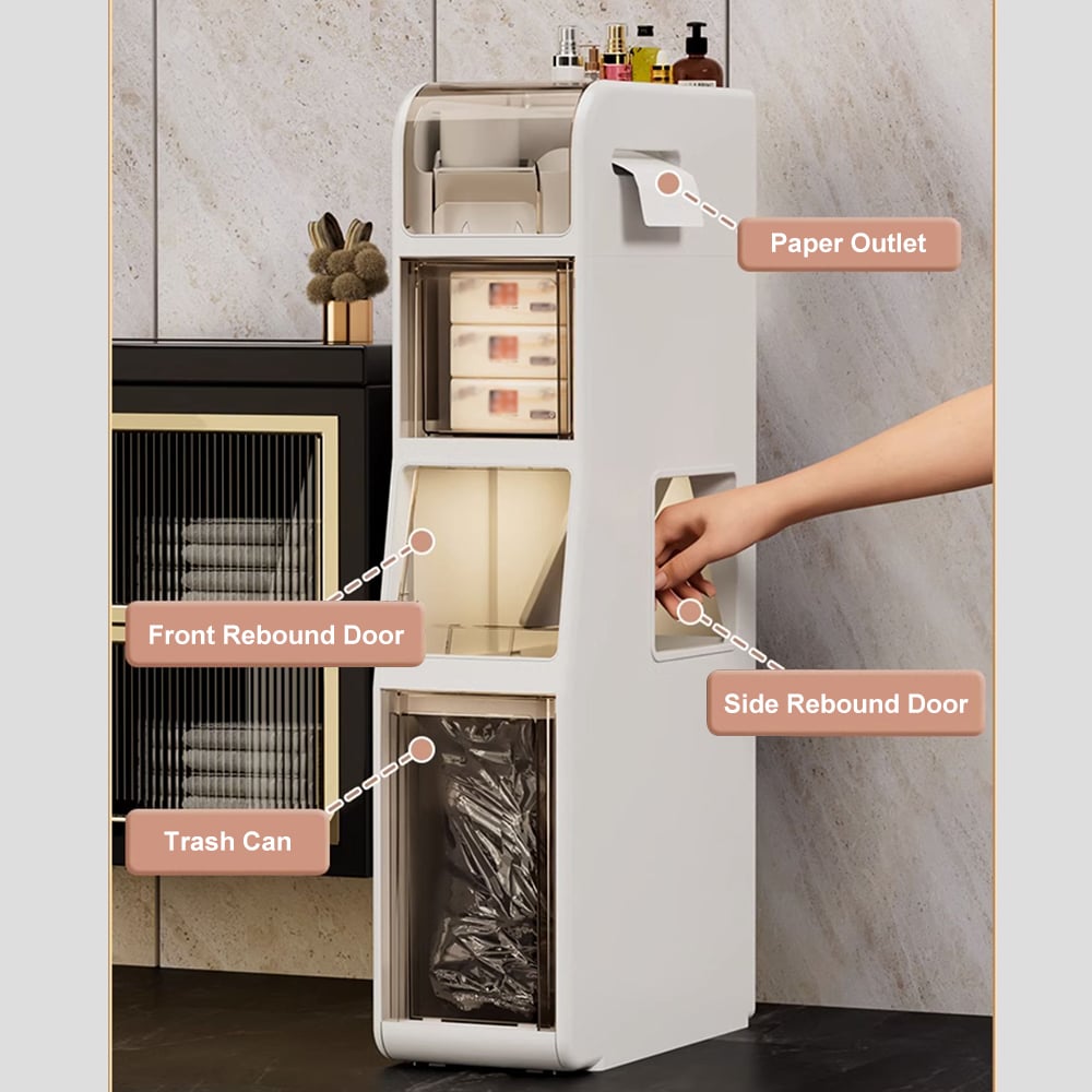HMR - Freestanding Slim Storage Cabinet Bathroom Narrow with Toilet Paper Holder & Trash Can