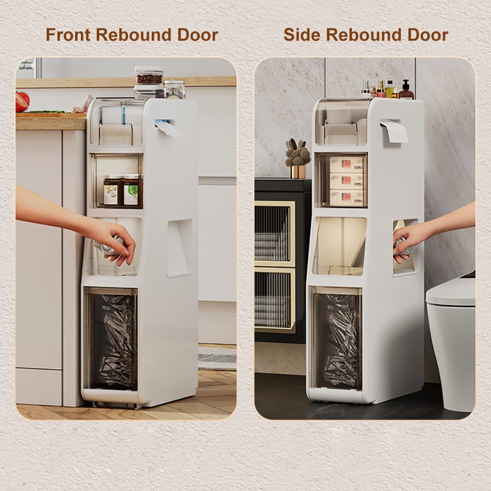 HMR - Freestanding Slim Storage Cabinet Bathroom Narrow with Toilet Paper Holder & Trash Can