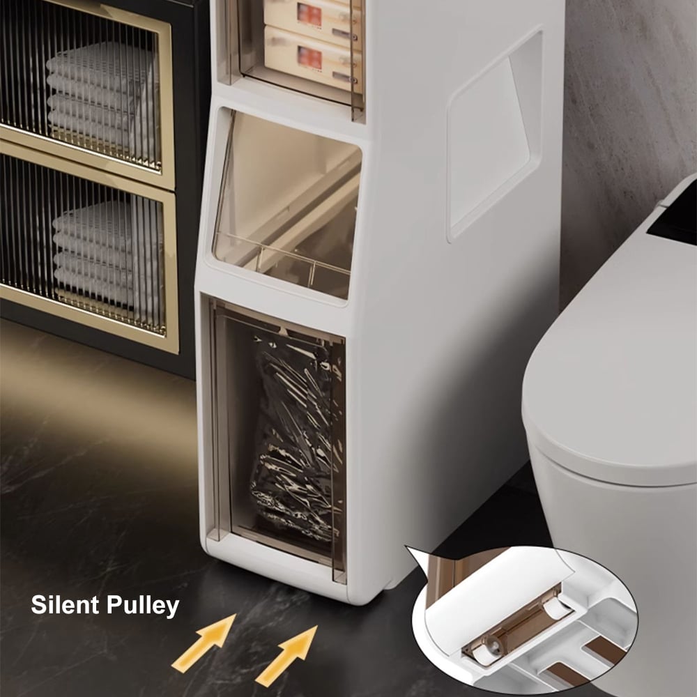 HMR - Freestanding Slim Storage Cabinet Bathroom Narrow with Toilet Paper Holder & Trash Can