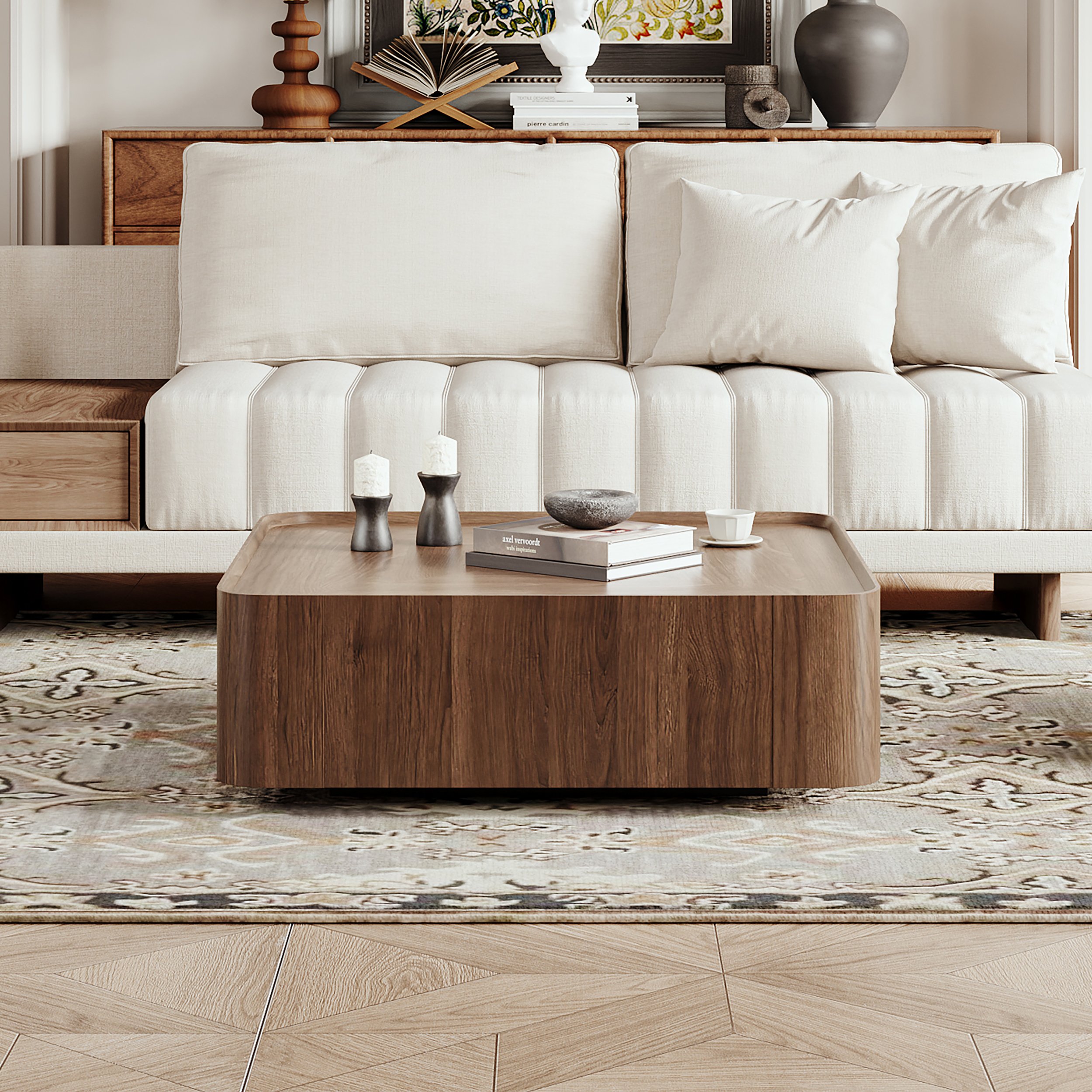 HMR - 35" Square Walnut Mid Century Coffee Table with Storage