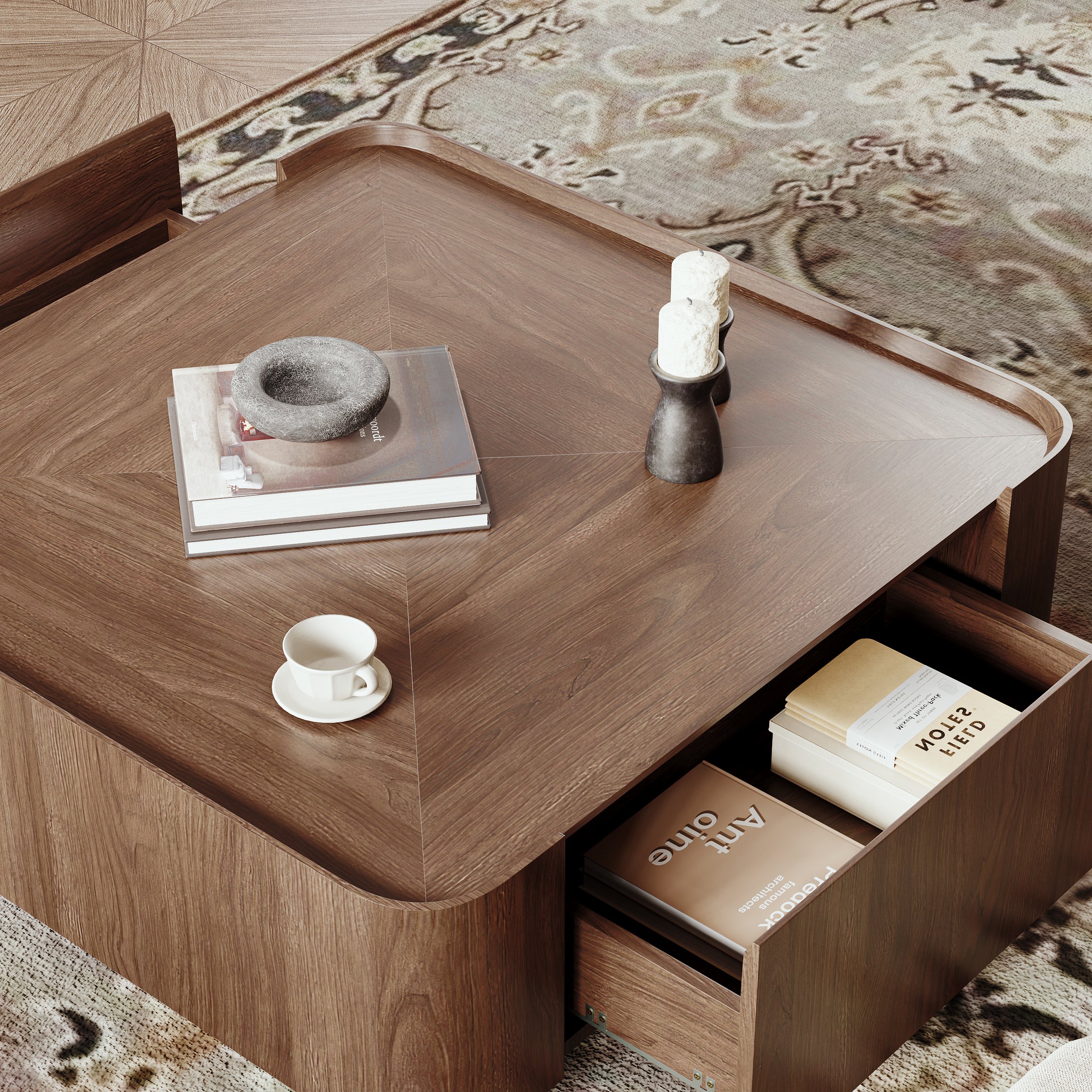 HMR - 35" Square Walnut Mid Century Coffee Table with Storage