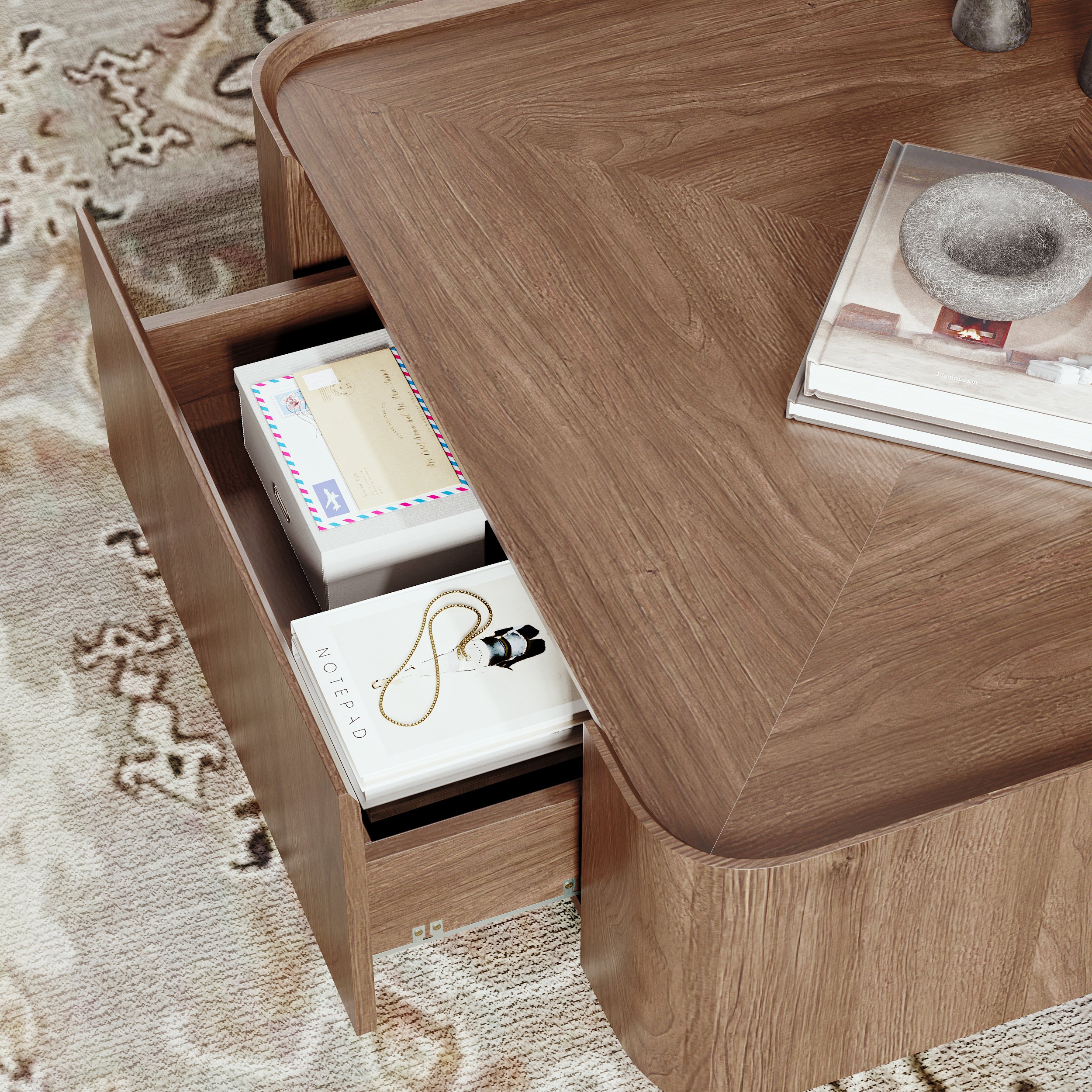 HMR - 35" Square Walnut Mid Century Coffee Table with Storage