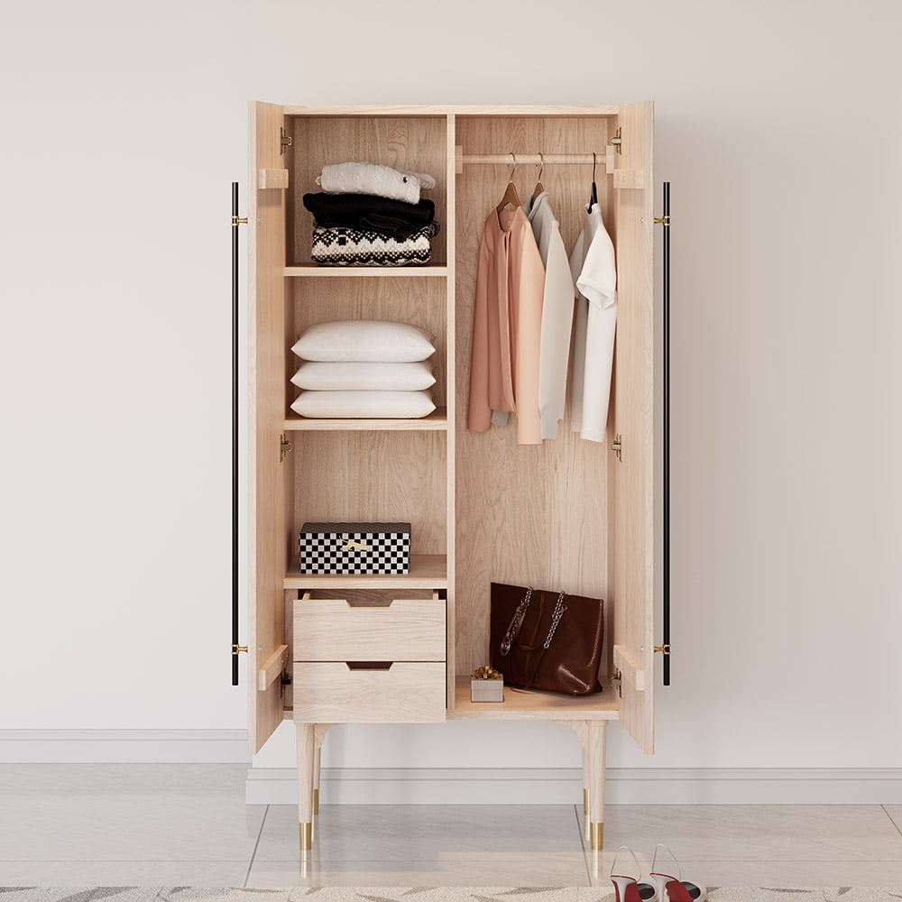 HMR Fluted Armoire Wardrobe Closet Clothing Organizer Cabinet with 2 Doors - Washed White