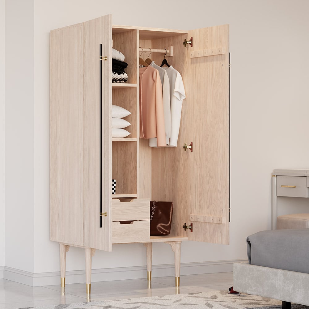 HMR Fluted Armoire Wardrobe Closet Clothing Organizer Cabinet with 2 Doors - Washed White