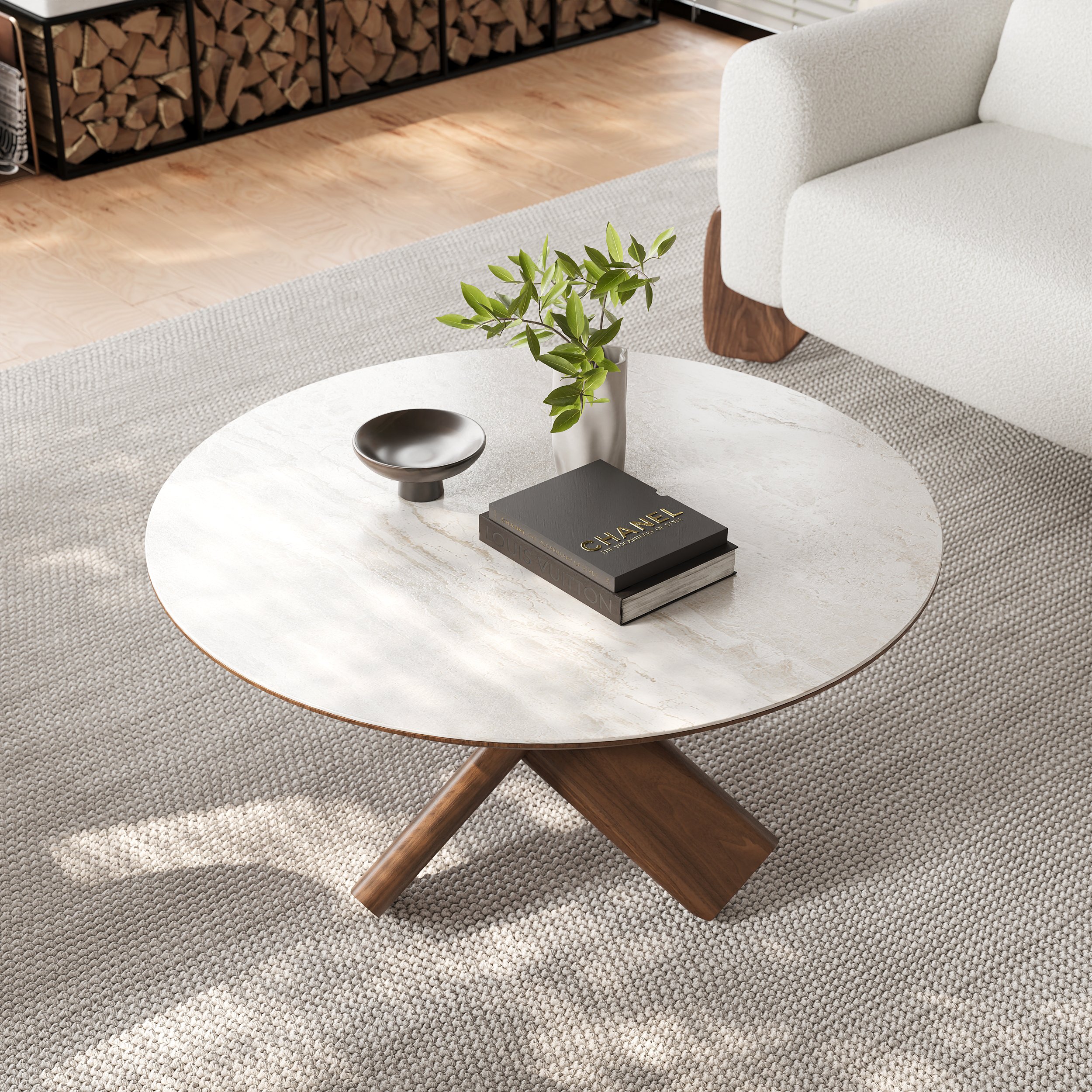 HMR - 35" Round Travertine Stone Top Solid Wood Coffee Table