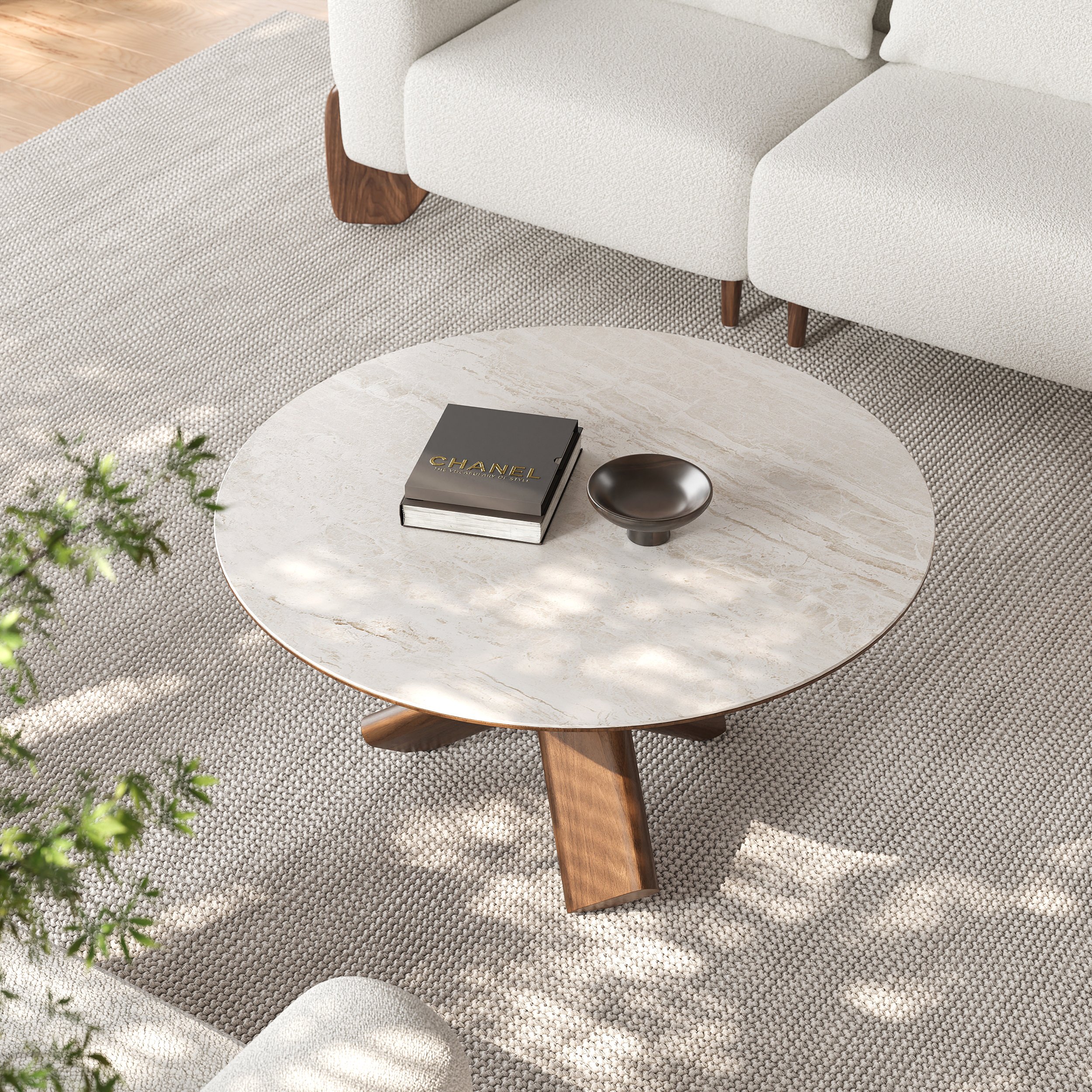 HMR - 35" Round Travertine Stone Top Solid Wood Coffee Table