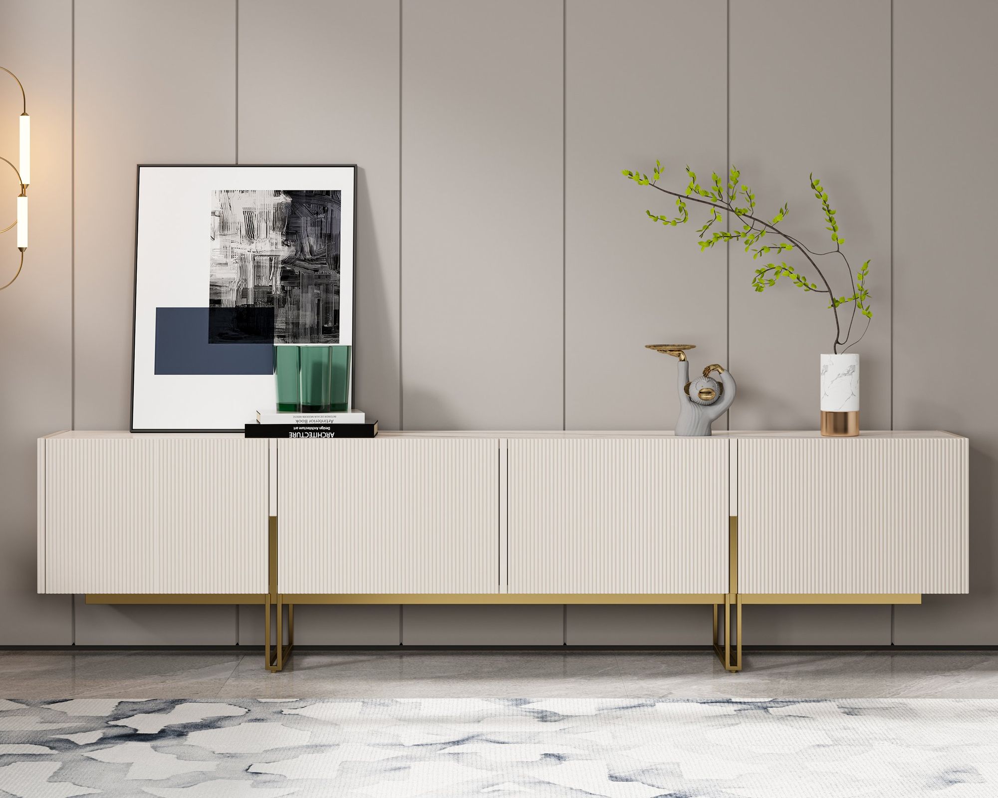HMR Grovyn Sintered Stone Top Fluted TV Stand with Storage - Off White, 94.5"W x 17.7"D x 23.6"H, Without Fireplace