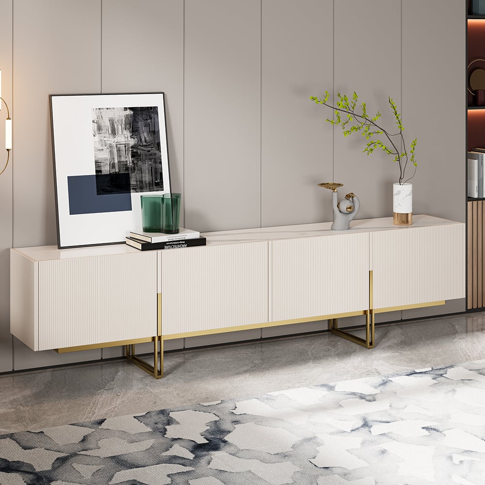 HMR Grovyn Sintered Stone Top Fluted TV Stand with Storage - Off White, 94.5"W x 17.7"D x 23.6"H, Without Fireplace