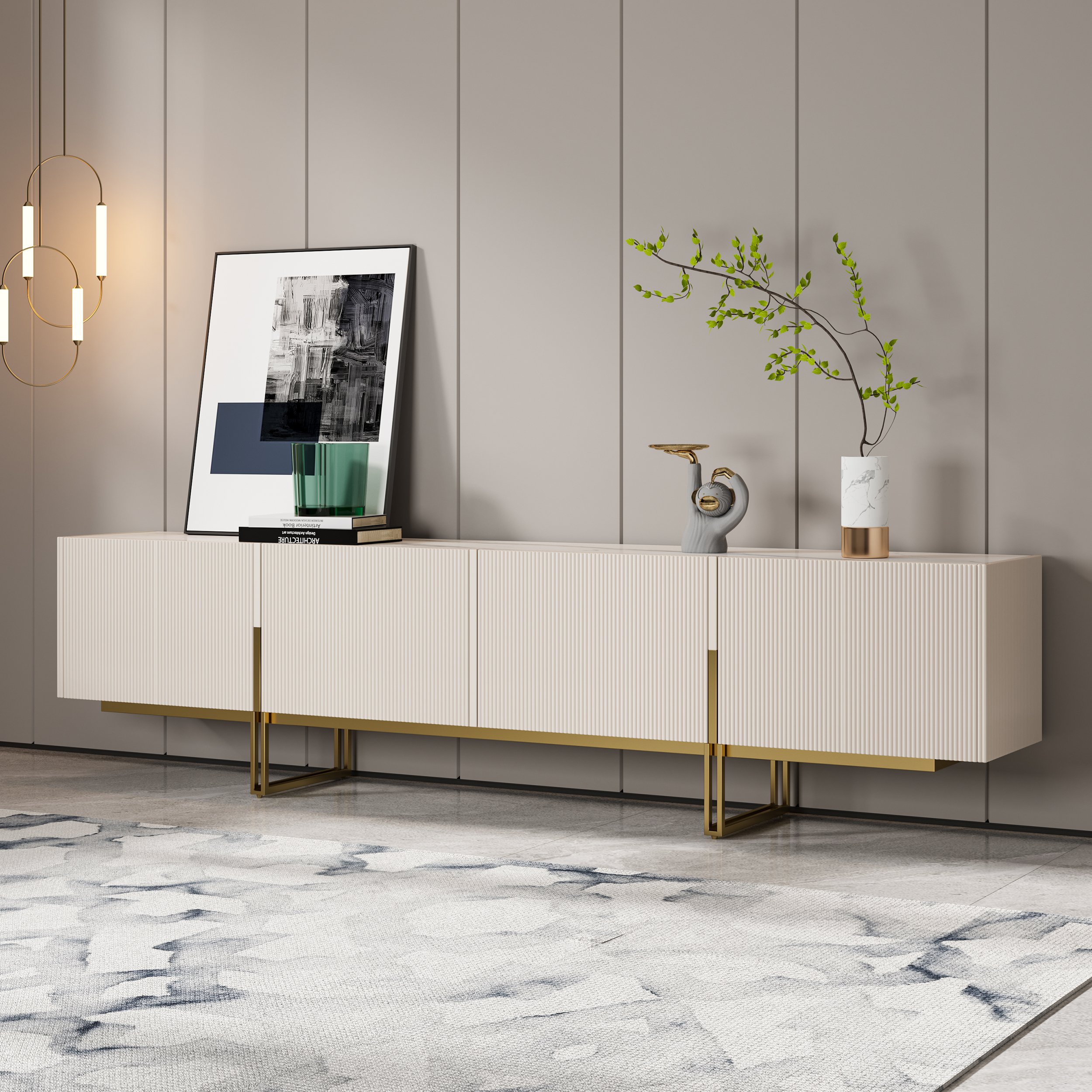 HMR Grovyn Sintered Stone Top Fluted TV Stand with Storage - Off White, 94.5"W x 17.7"D x 23.6"H, Without Fireplace