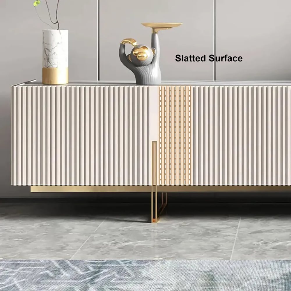 HMR Grovyn Sintered Stone Top Fluted TV Stand with Storage - Off White, 94.5"W x 17.7"D x 23.6"H, Without Fireplace