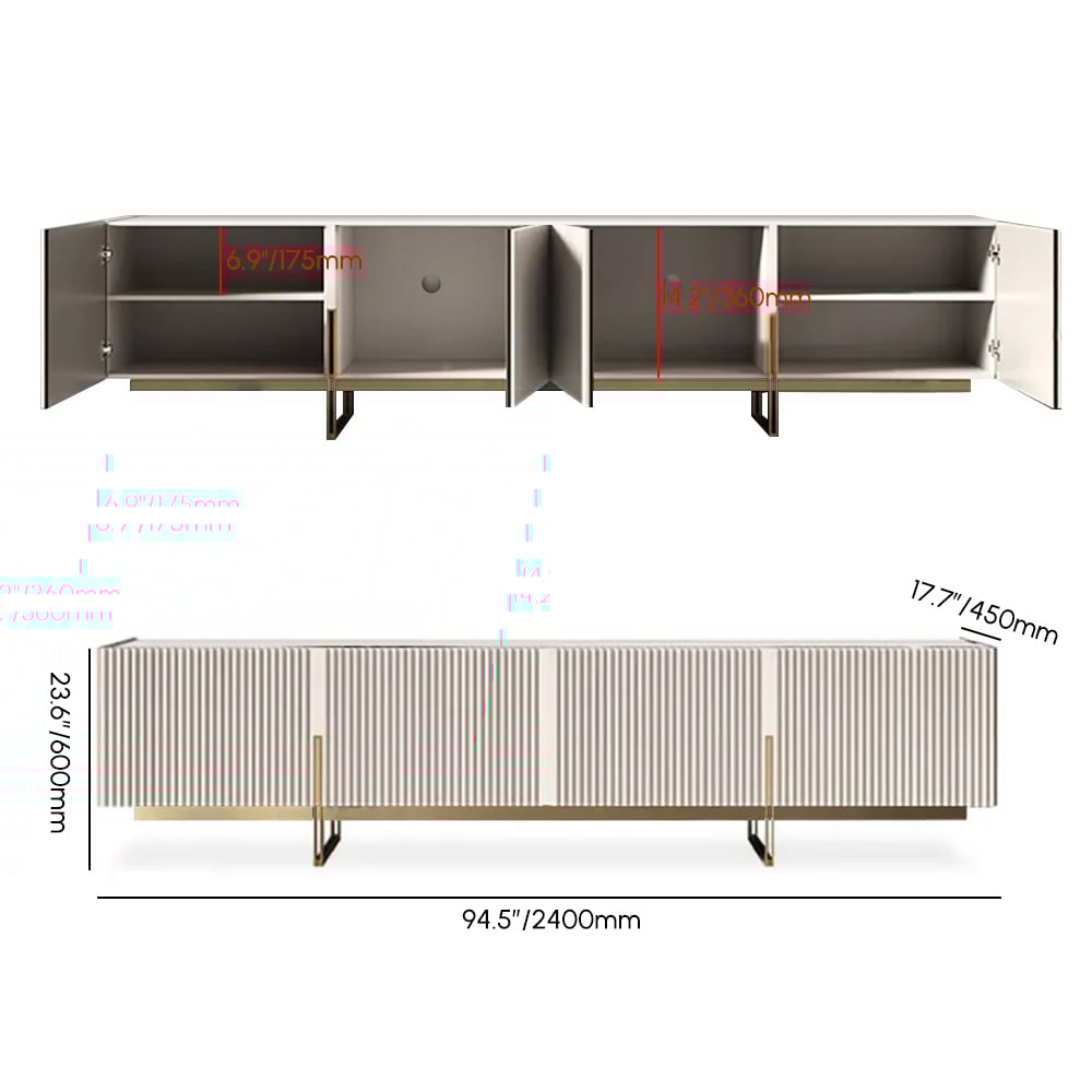 HMR Grovyn Sintered Stone Top Fluted TV Stand with Storage - Off White, 94.5"W x 17.7"D x 23.6"H, Without Fireplace