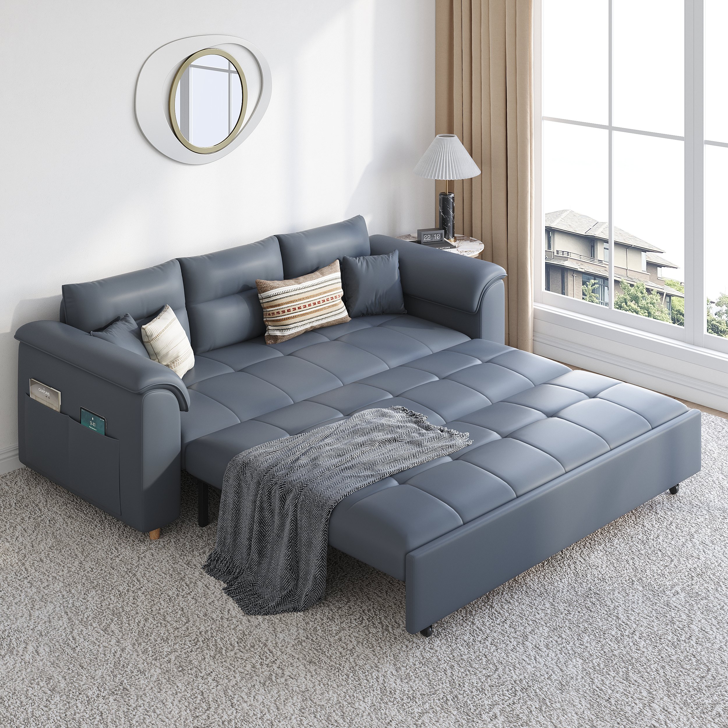 HMR Queen 2-Seater Sleeper Sofa - Deep Gray, Leath-aire