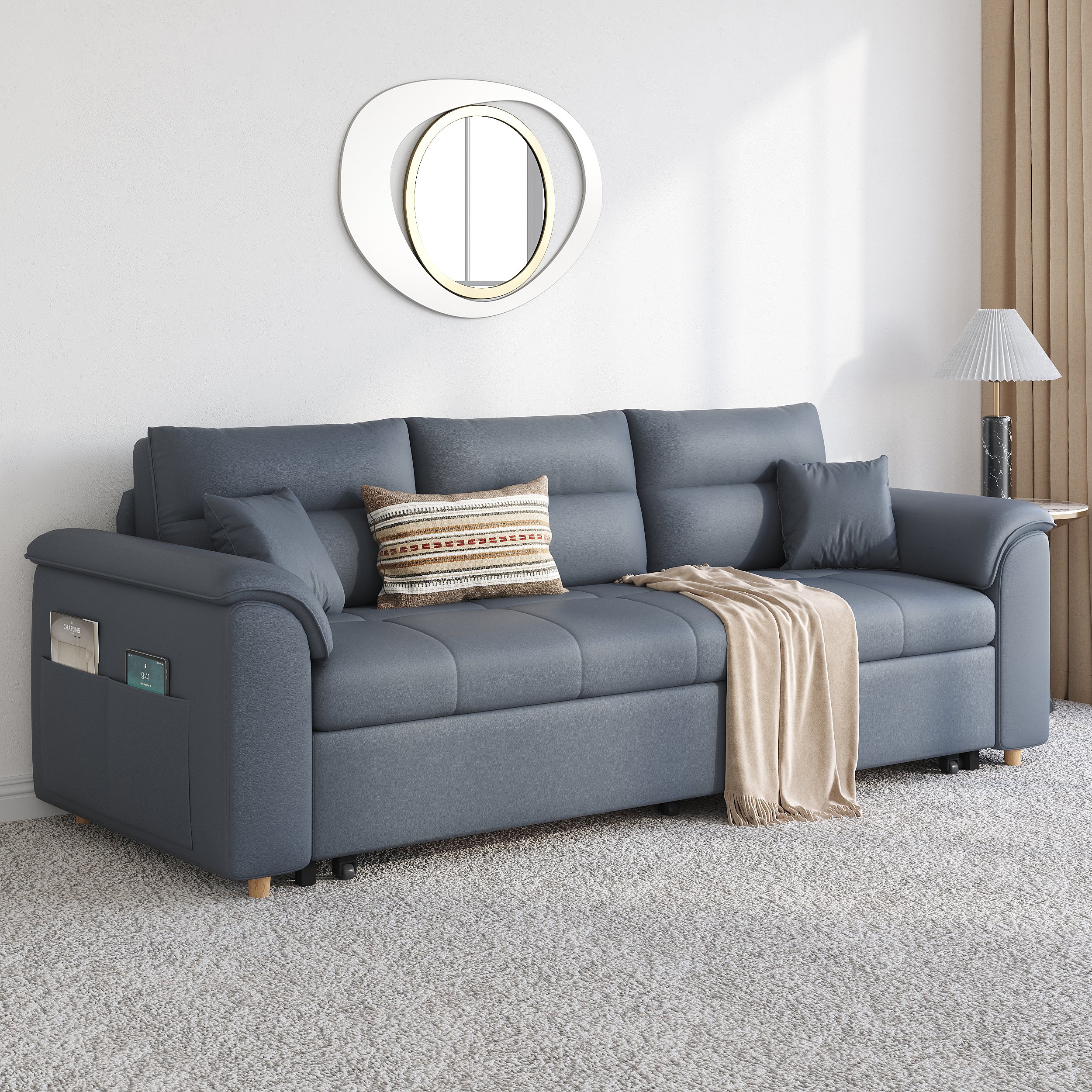 HMR Queen 2-Seater Sleeper Sofa - Deep Gray, Leath-aire